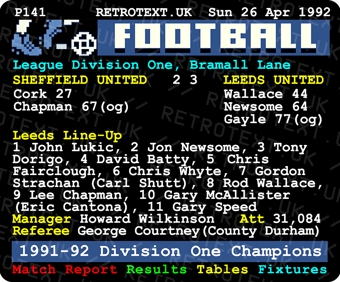 Leeds United 1992 Division One Champions Teletext Mug