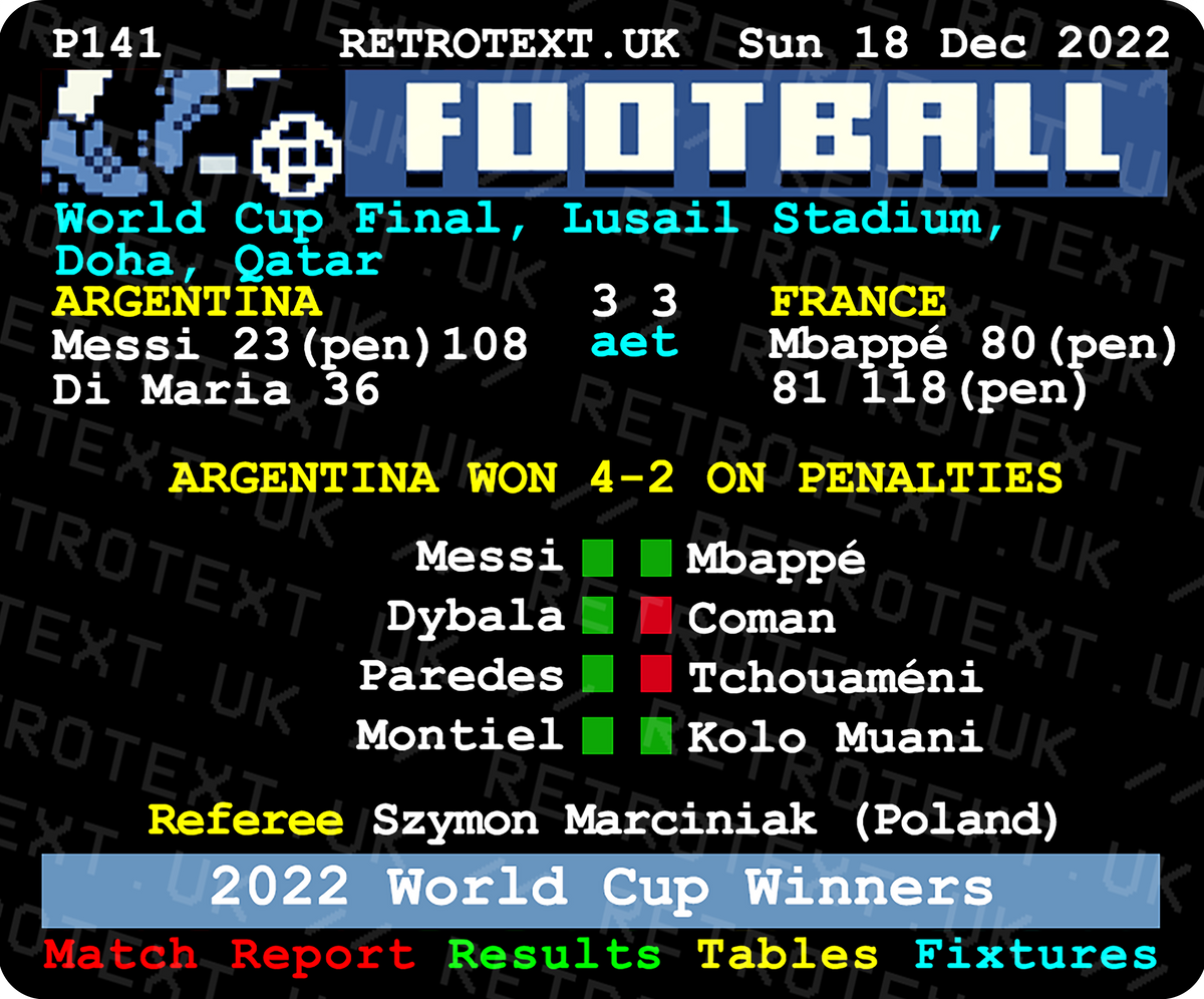 Retrotext 11oz glossy white mug featuring a 2022 Argentina World Cup final teletext match report design