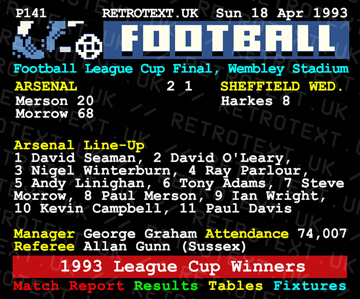 Retrotext Arsenal 1993 League Cup winners ceramic mug featuring a vintage 90s teletext football match report design.
