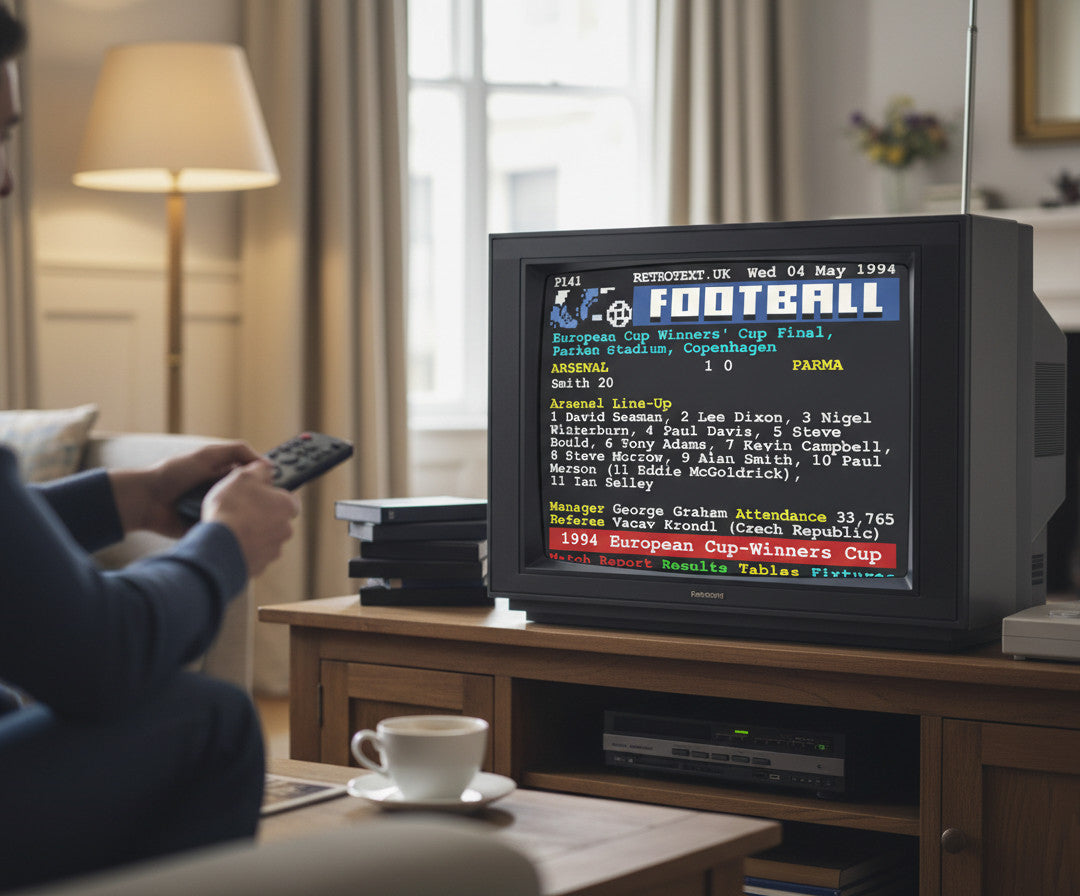 Retrotext Arsenal 1994 ECWC Winners mug featuring teletext match details on a vintage television screen background