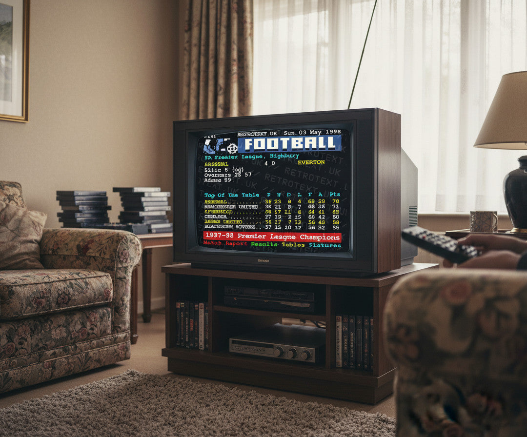 Retrotext Arsenal 1998 Premier League Champions mug featuring a vintage teletext football score display on a TV screen