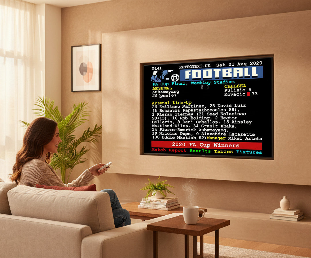Retrotext Arsenal 2020 FA Cup Final ceramic coffee mug featuring a retro teletext graphic on a living room table