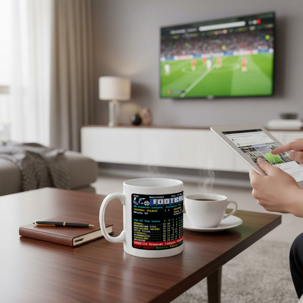 Retrotext Arsenal 2026 Premier League Champions ceramic mug featuring a retro teletext league table design