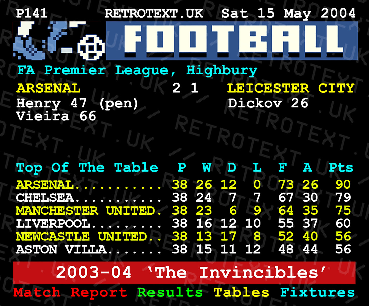 Retrotext Arsenal 2004 The Invincibles ceramic mug featuring a nostalgic teletext Premier League table design