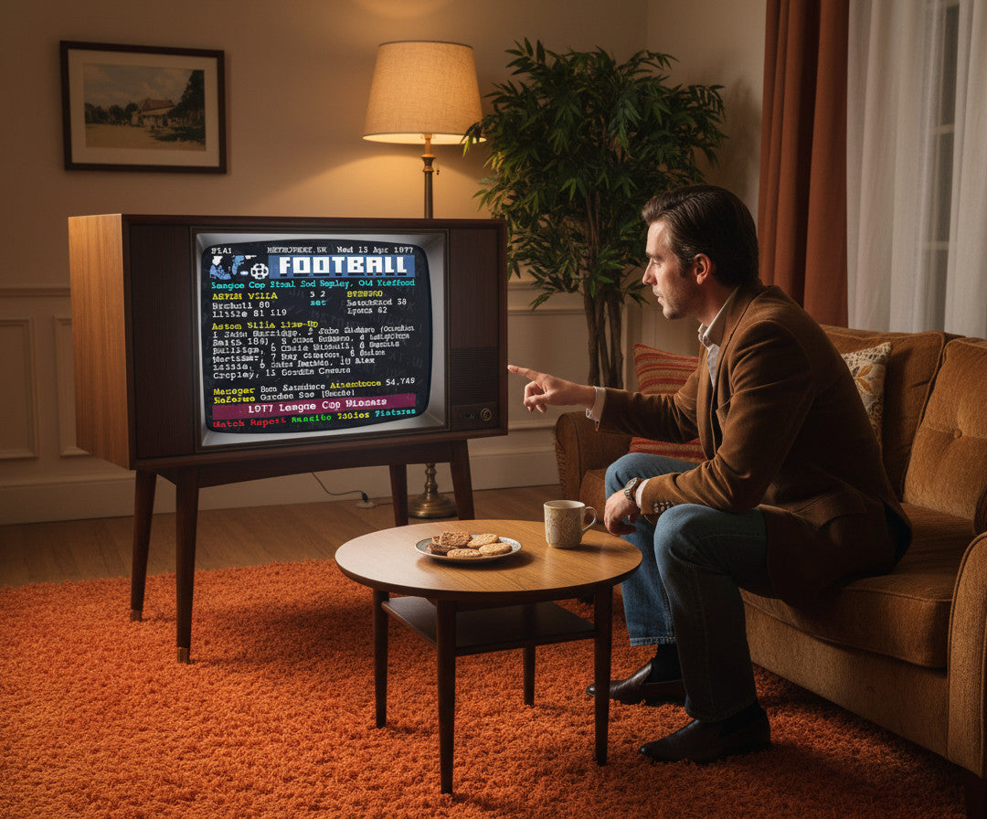 Retrotext Aston Villa 1977 League Cup Winners ceramic mug featuring a nostalgic teletext graphic on a coffee table
