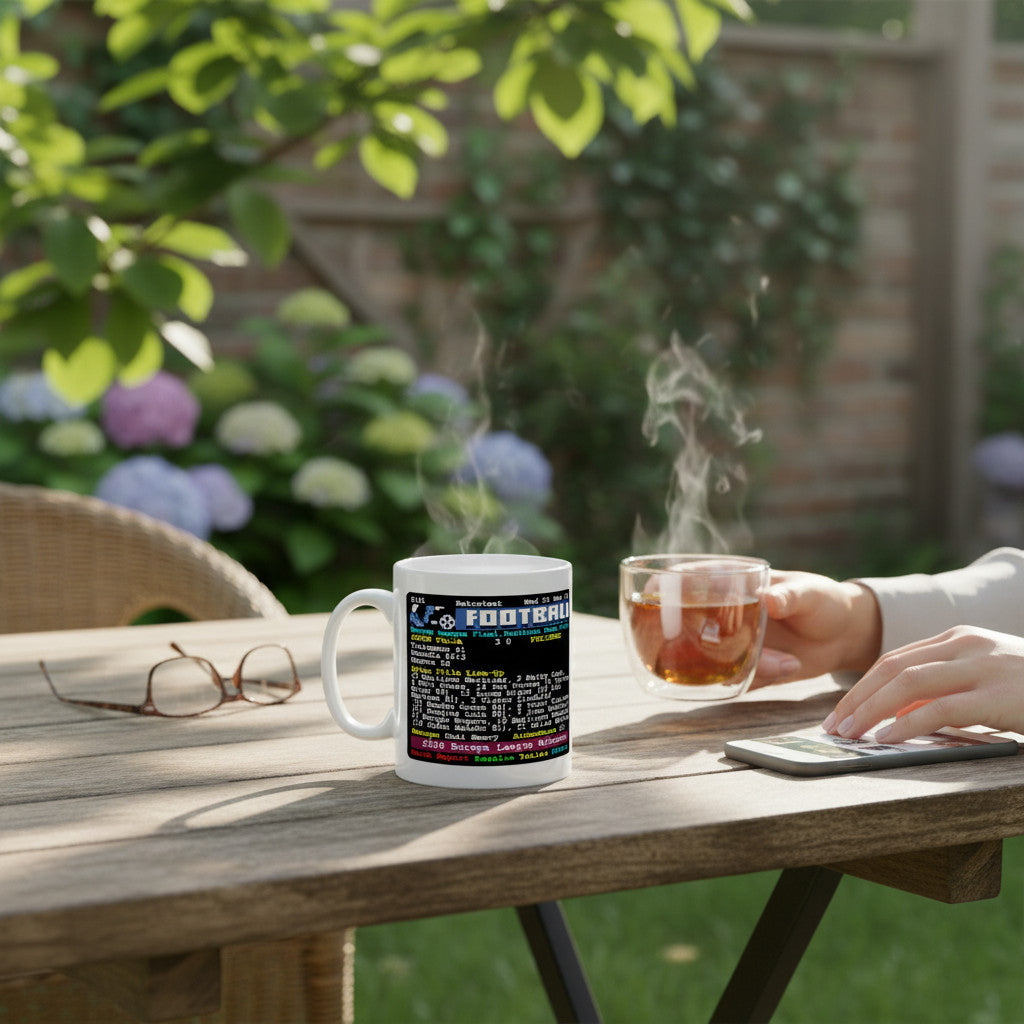 Retrotext Aston Villa 2026 Europa League winners ceramic mug with Unai Emery teletext design on a garden table