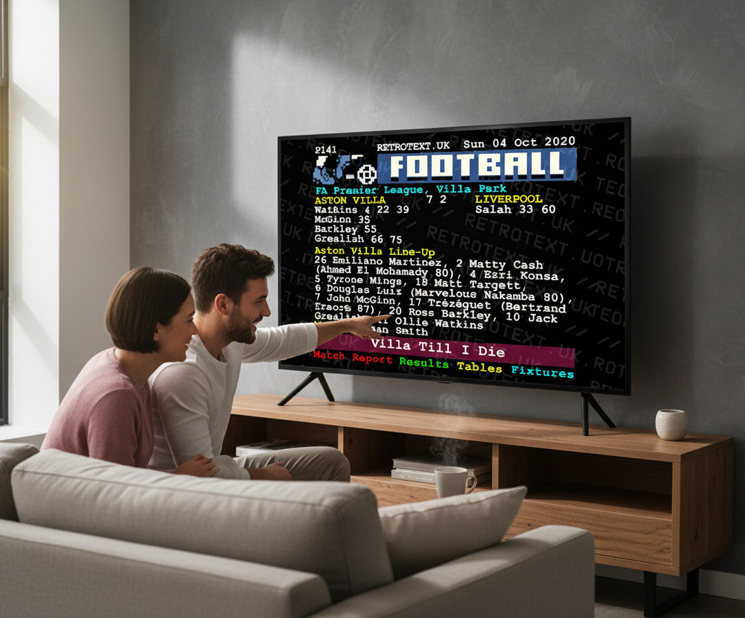 Retrotext Aston Villa 7-2 Liverpool teletext mug featuring a classic football score graphic on a glossy white finish
