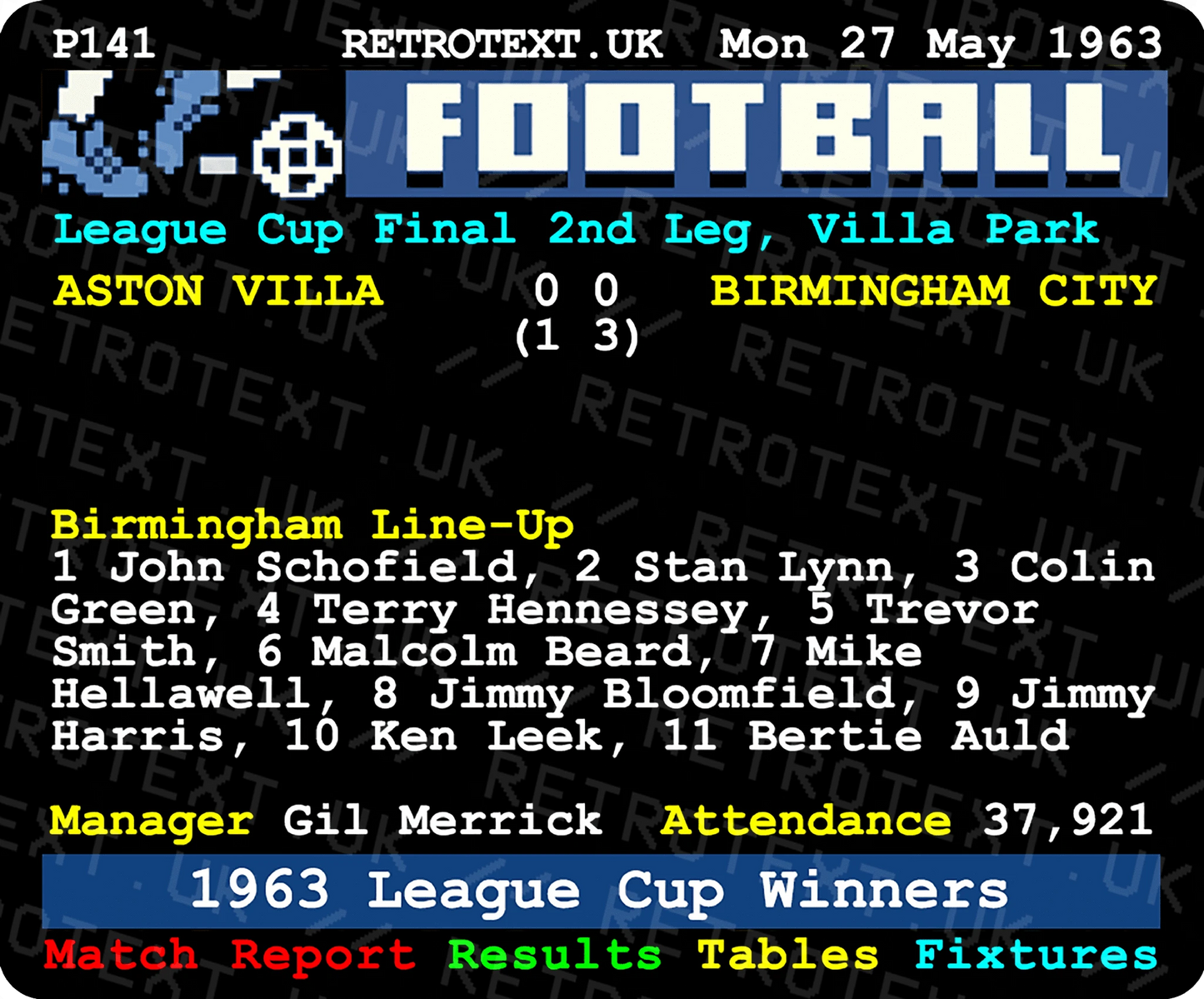 Retrotext Birmingham City 1963 League Cup Winners teletext style mug with match details and team line-up