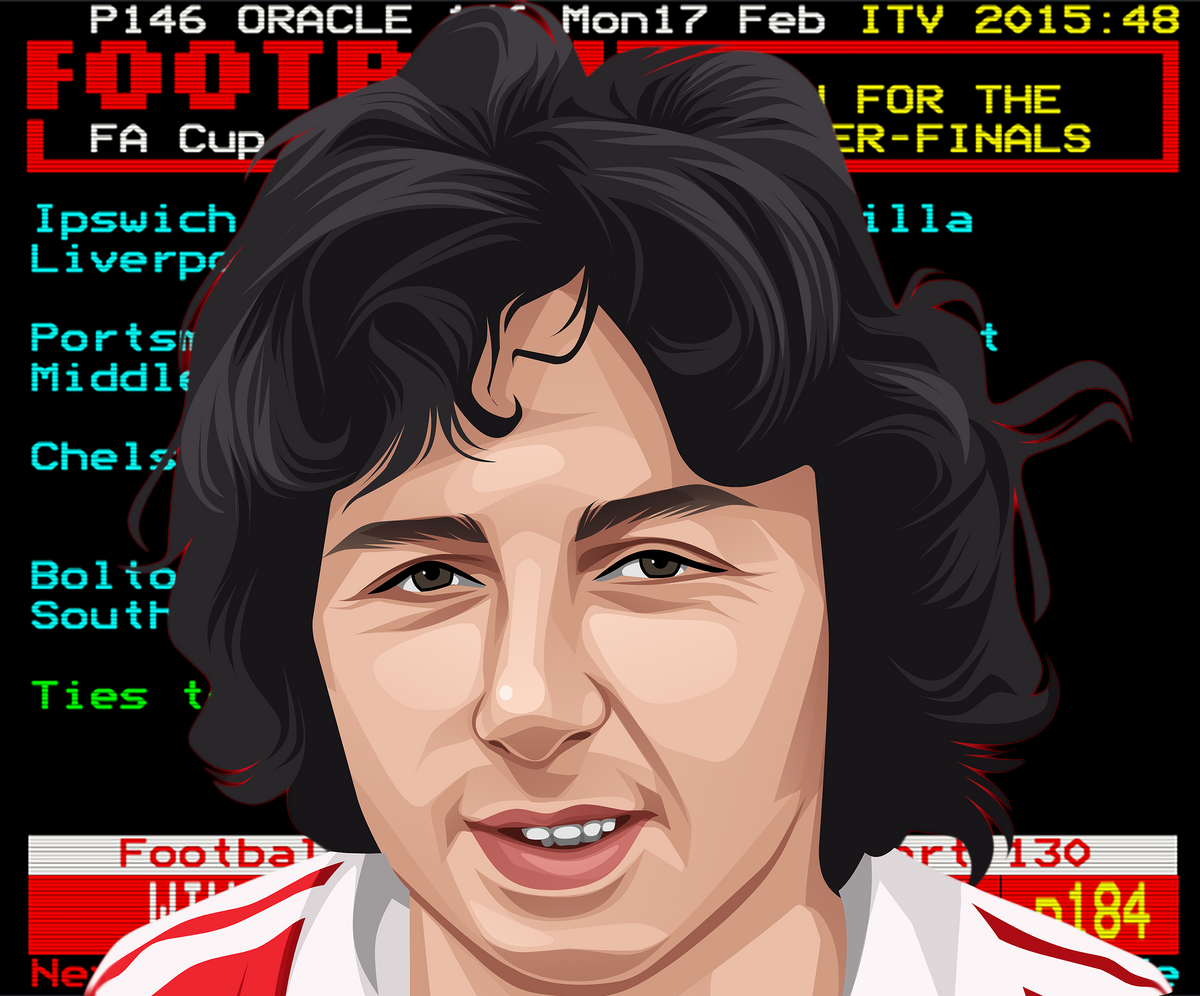 Retrotext 11oz white ceramic mug featuring a graphic illustration of Brian Flynn against a vintage Teletext background.