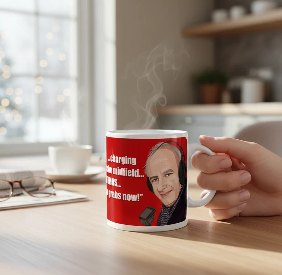 Retrotext ceramic mug featuring Brian Moore illustration and iconic 1989 football commentary on a red background