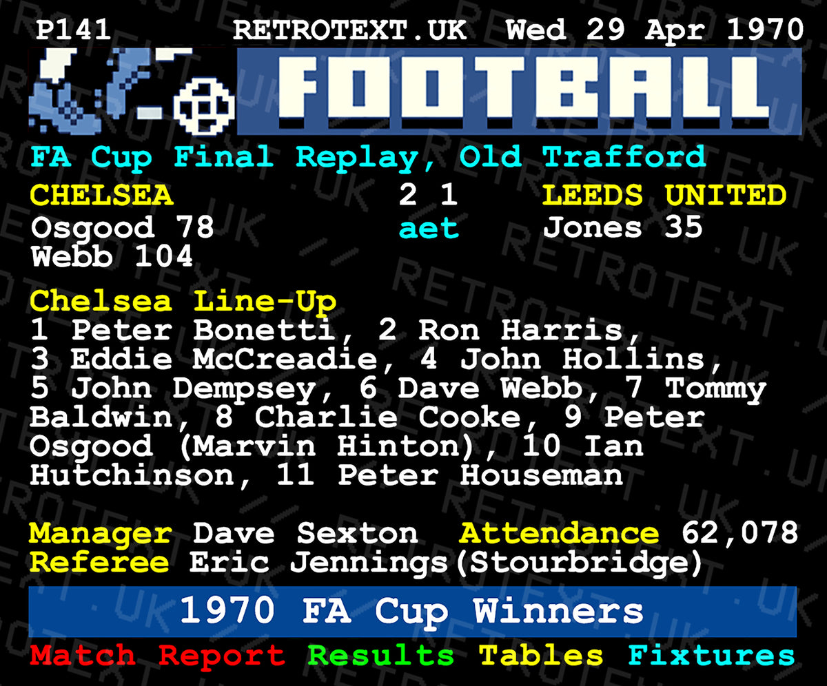 Retrotext Chelsea 1970 FA Cup Winners mug featuring a vintage teletext match report design on a glossy white finish.
