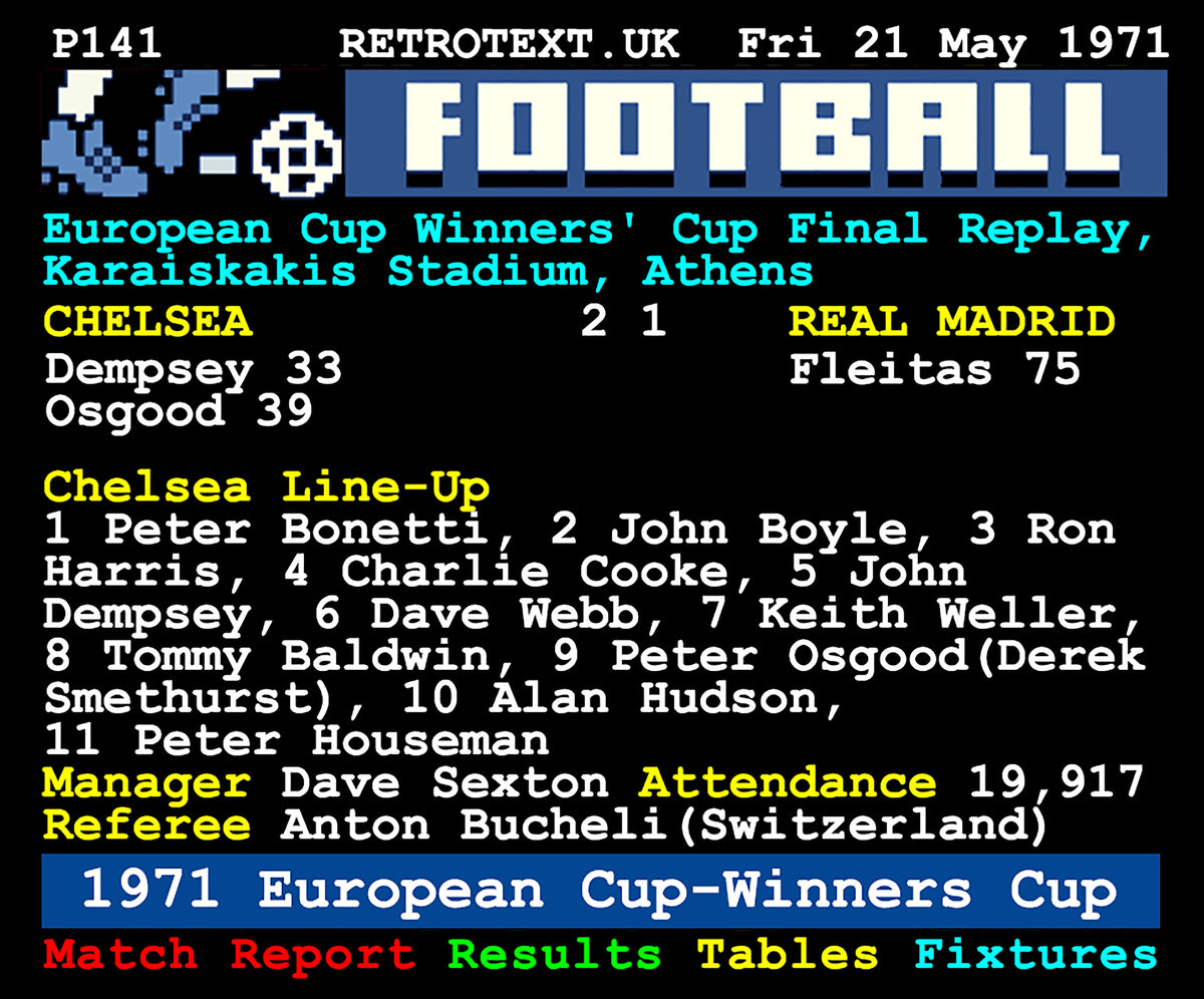Retrotext Chelsea 1971 European Cup-Winners Cup Final ceramic mug with retro teletext match statistics and line-up