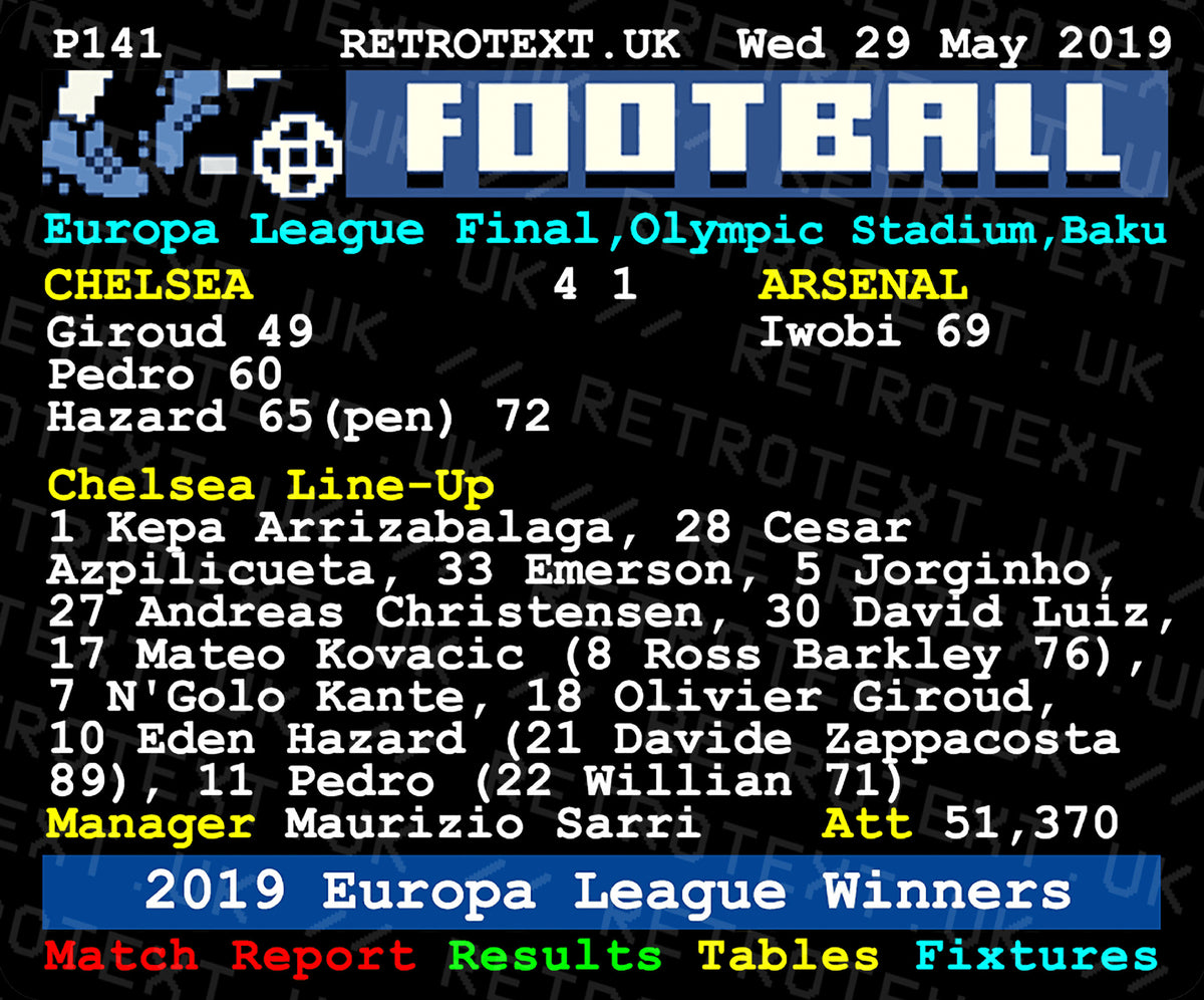 Retrotext Chelsea 2019 Europa League final teletext design ceramic mug featuring match stats and starting line-up