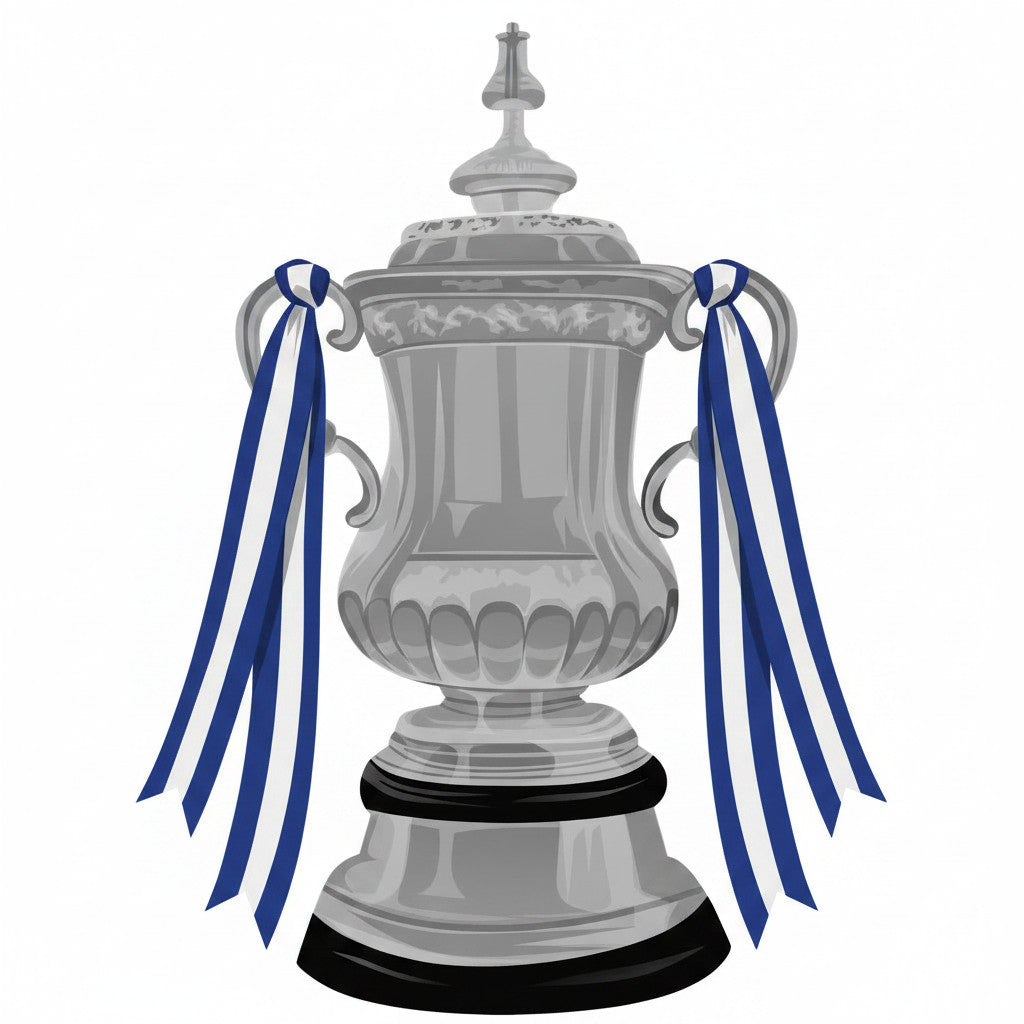 Retrotext FA Cup trophy illustration with blue and white ribbons, celebrating Chelsea 2007 victory
