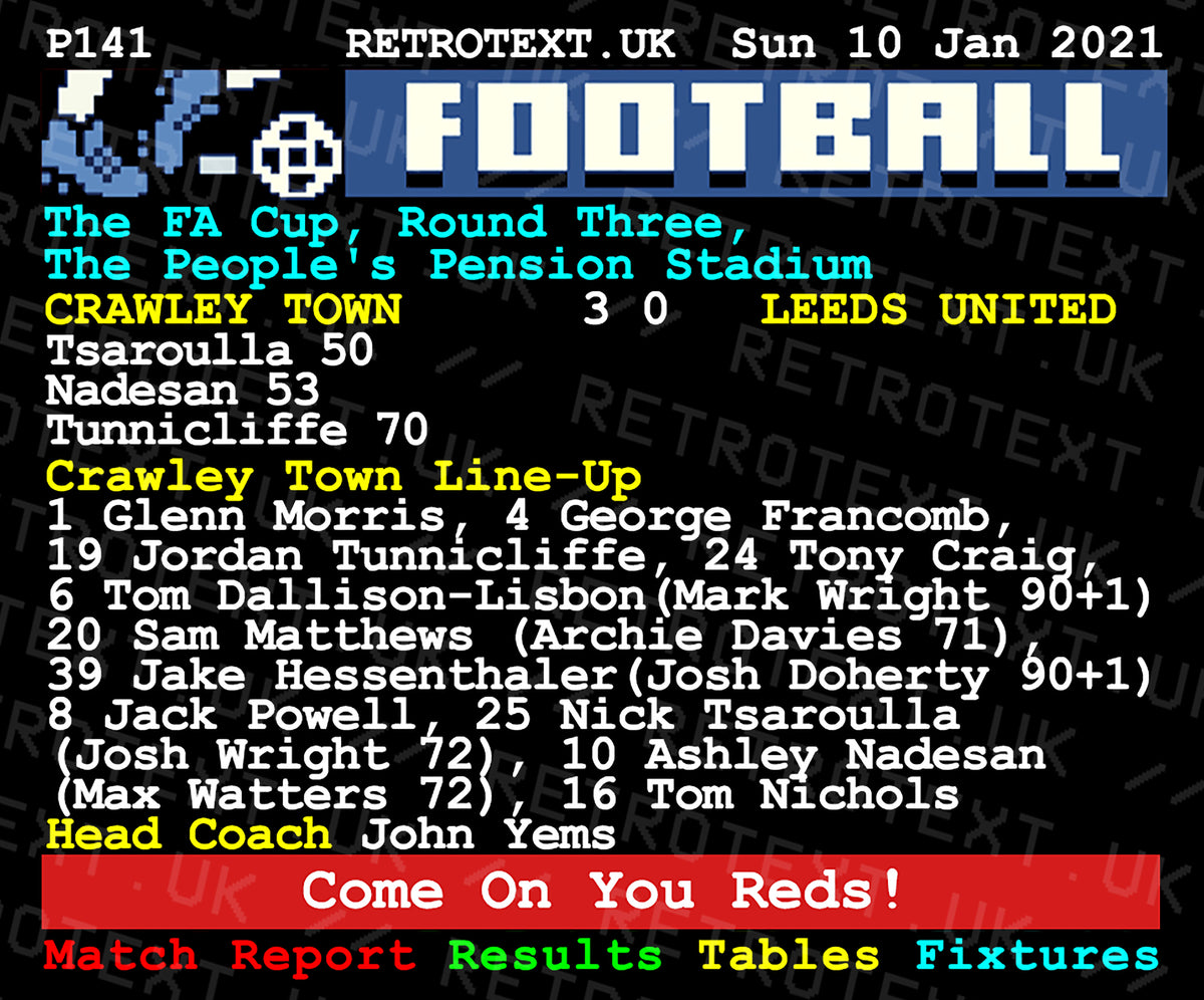 Retrotext Crawley Town vs Leeds United FA Cup 2021 teletext style ceramic mug with match score and team lineup