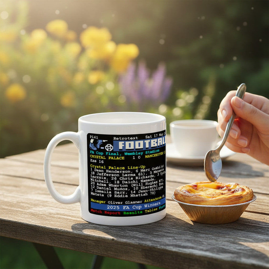 Retrotext ceramic mug featuring Crystal Palace 2025 FA Cup and 2026 Conference League victory details on a wooden table