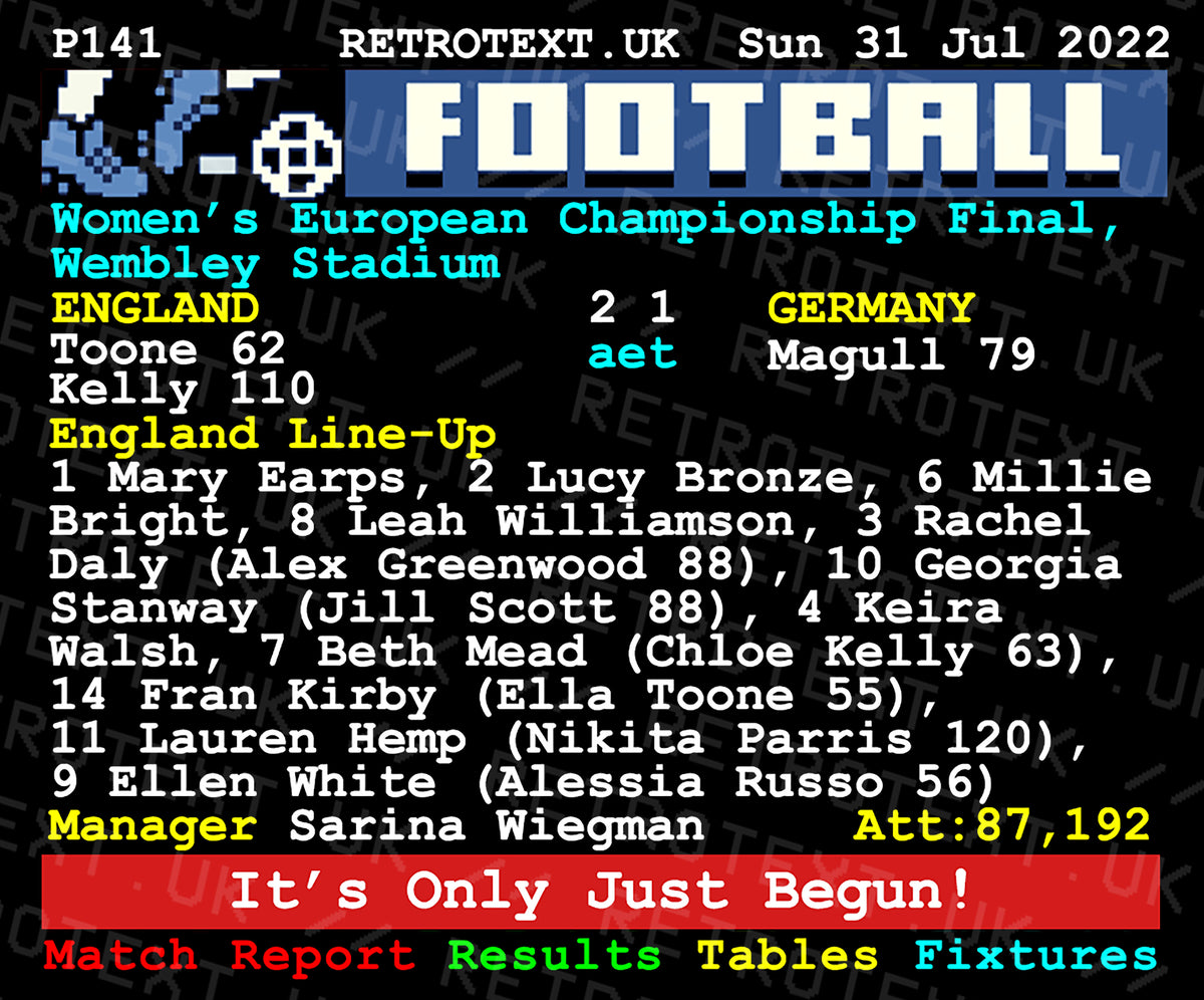 Retrotext England 2022 Women's European Championship winners teletext design mug featuring match stats and line-up