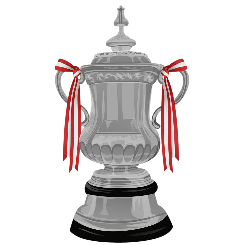 Retrotext FA Cup trophy illustration with red and white ribbons, celebrating the 1986 Liverpool victory.