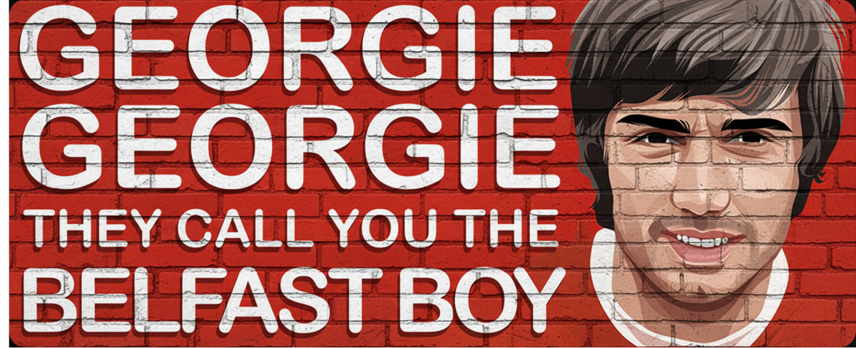 Retrotext Manchester United George Best Belfast Boy ceramic mug featuring a red brick wall design and player portrait