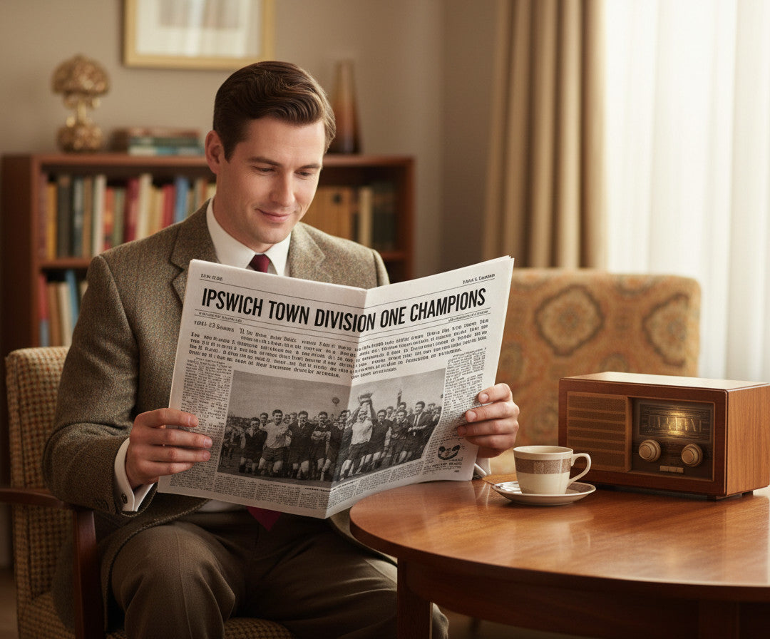 A man in a vintage suit reading a newspaper about Retrotext Ipswich Town 1962 Division One Champions next to a mug.