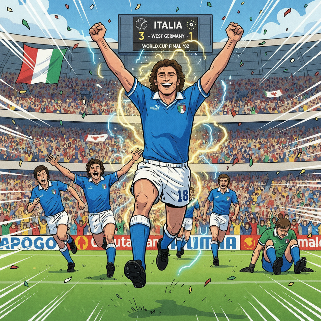 Retrotext 11oz glossy white mug featuring an illustrated scene of Italy's 1982 World Cup victory celebration.