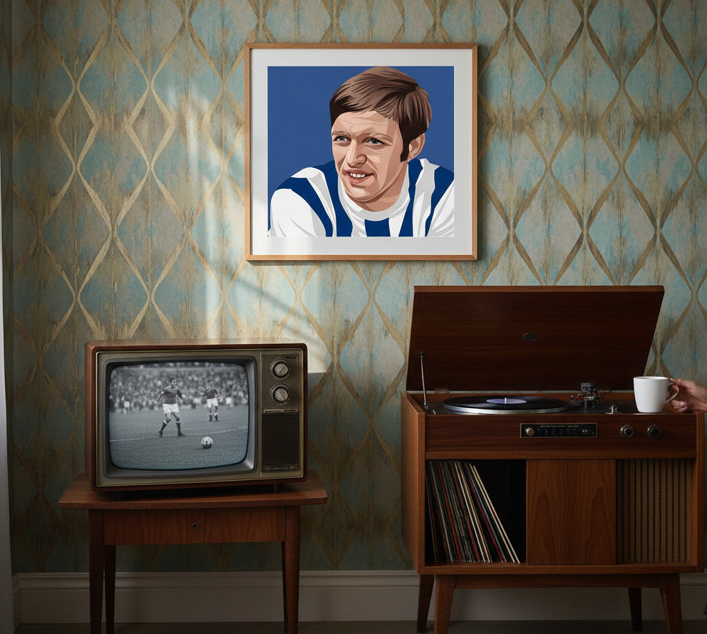 Retrotext Jeff Astle West Brom 1968 FA Cup art print displayed in a vintage-style living room with a record player.