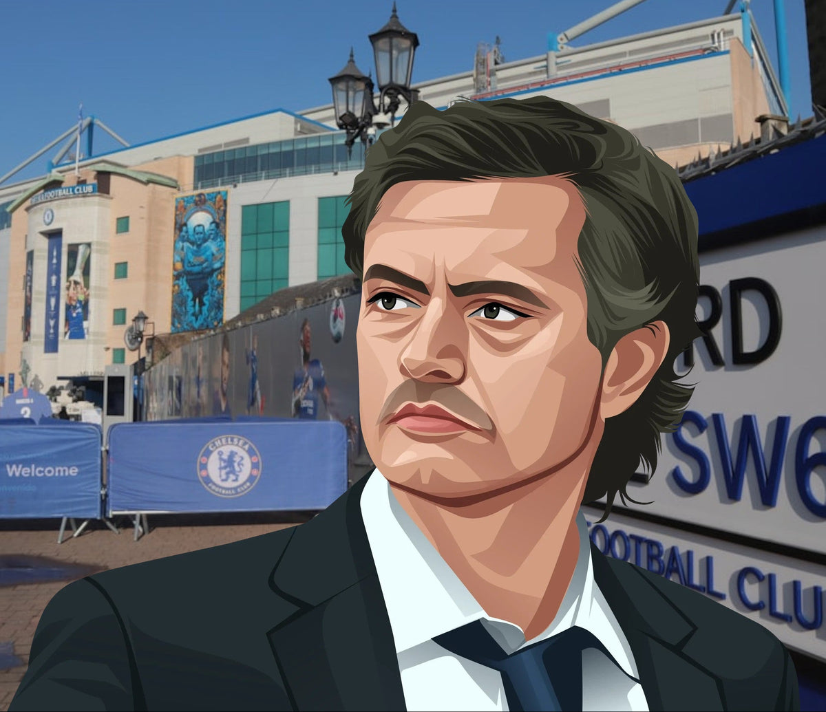 Retrotext Chelsea 2006 Premier League Champions mug featuring a detailed illustration of Jose Mourinho