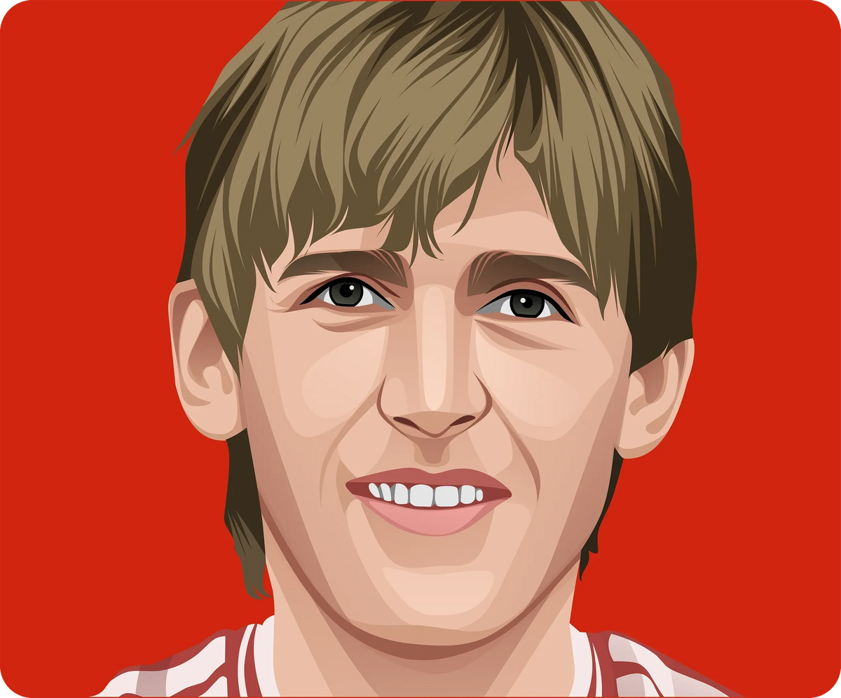 Retrotext Liverpool FC mug featuring a detailed illustration of Kenny Dalglish on a vibrant red background