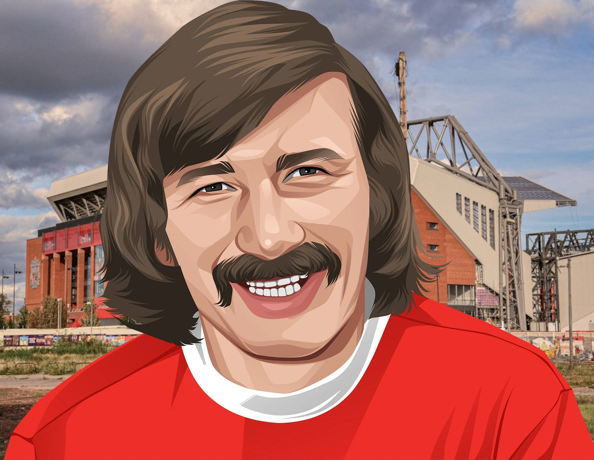 Retrotext Liverpool 1977 European Cup Winners mug featuring a vibrant illustration of Kevin Keegan in a red kit
