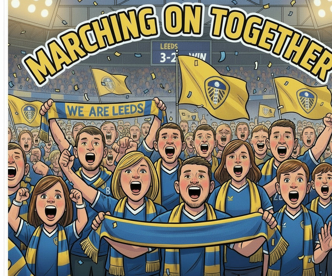 Retrotext Leeds United 1974 Champions mug featuring a vibrant illustration of cheering fans and Marching On Together text
