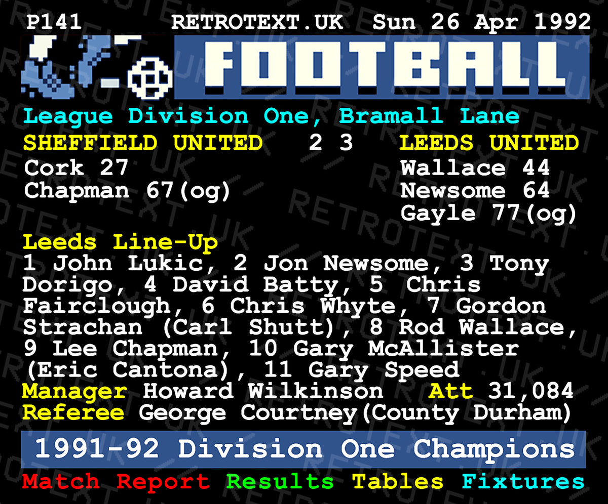 Retrotext Leeds United 1992 Division One Champions teletext mug featuring the historic 3-2 match report scoreline.