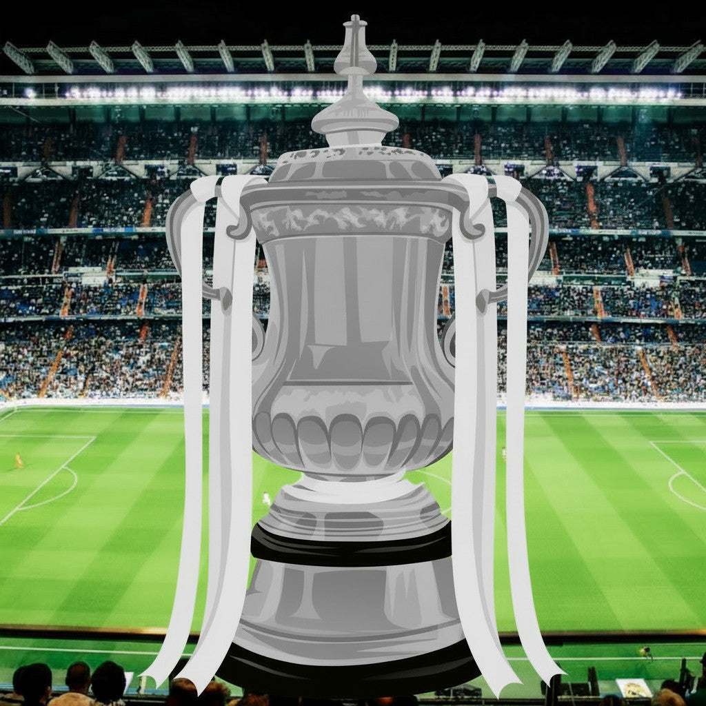 Retrotext Leeds United 1972 FA Cup Winners mug featuring a graphic of the iconic trophy against a stadium background.
