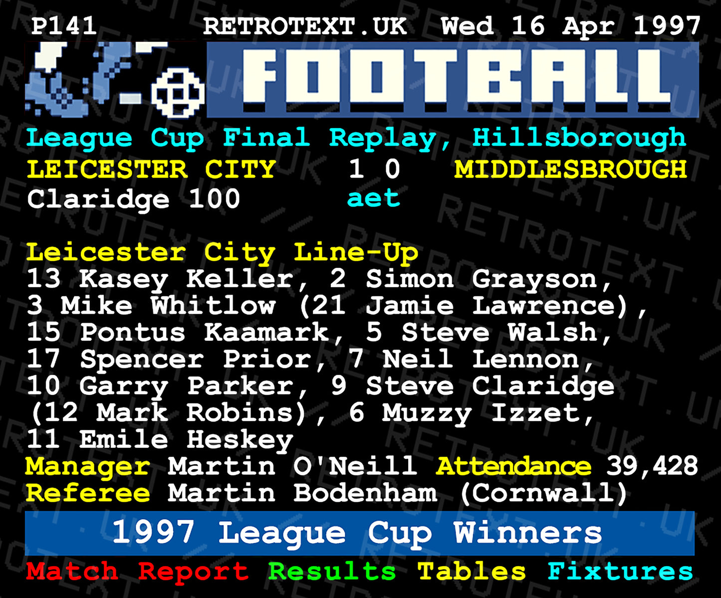 Retrotext Leicester City 1997 League Cup Winners ceramic mug featuring a retro teletext match report graphic.