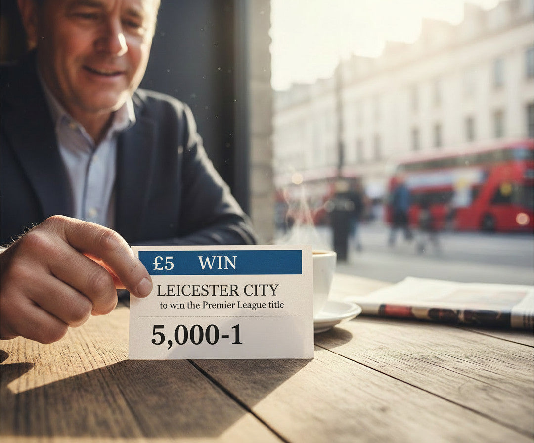 Retrotext Leicester City 2016 Premier League Champions Teletext mug featuring 5000-1 odds design on a cafe table