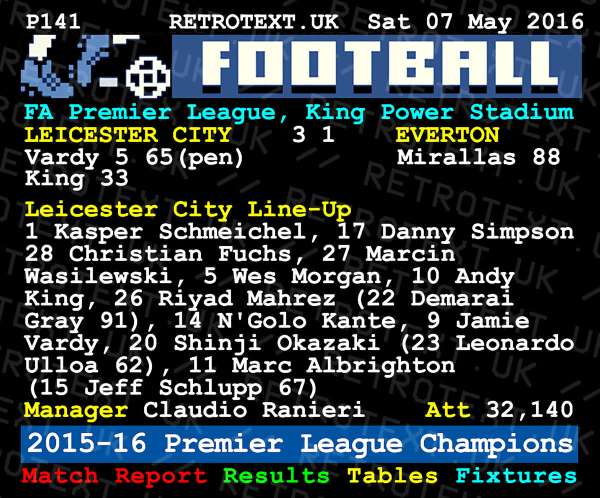Retrotext Leicester City 2016 Premier League Champions mug featuring a vintage teletext match report design.