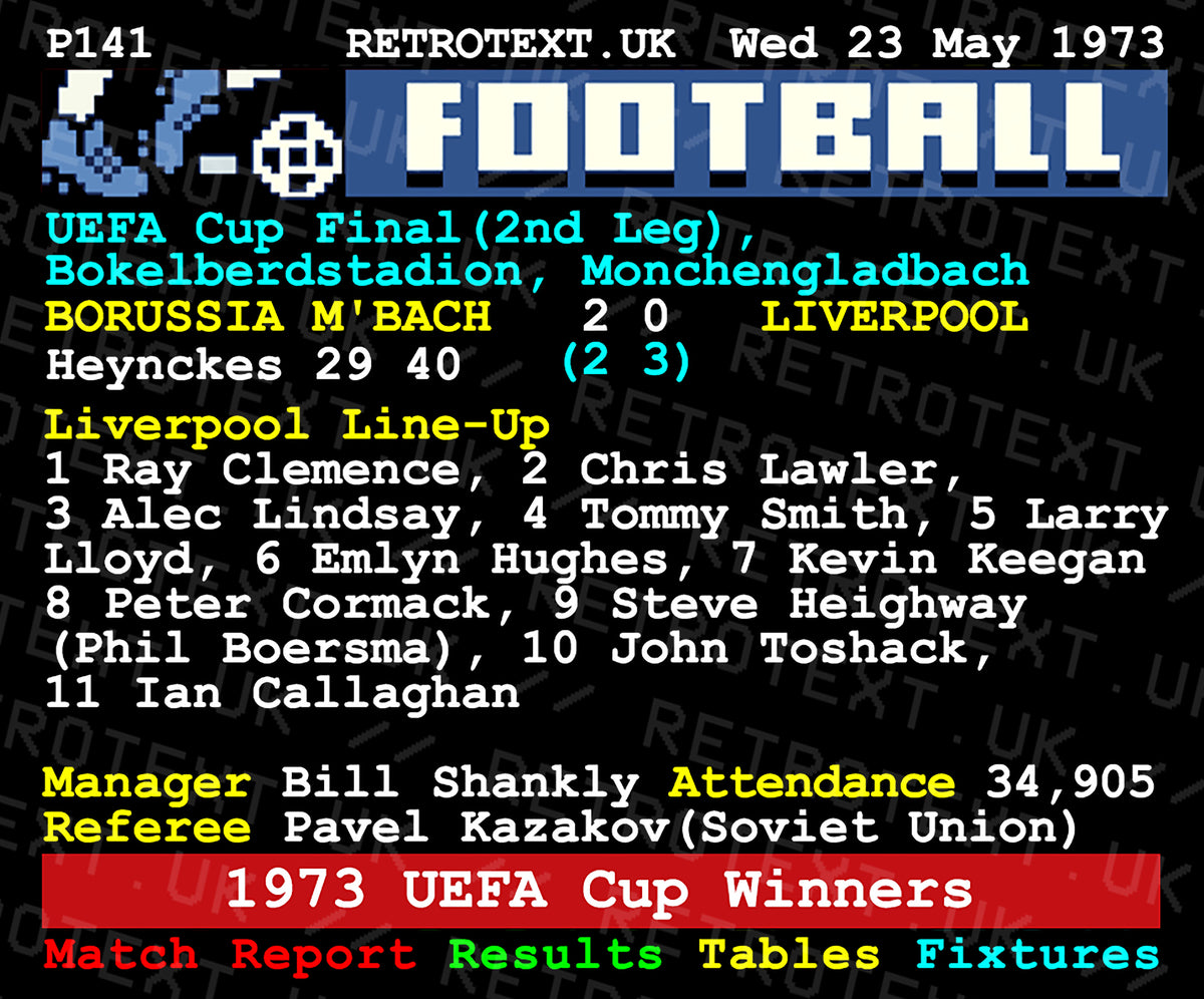 Retrotext Liverpool 1973 UEFA Cup Winners mug featuring a vintage teletext football match report design.