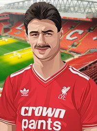 Retrotext Liverpool 1984 Joe Fagan mug featuring a vintage teletext graphic and a portrait of the legendary manager.