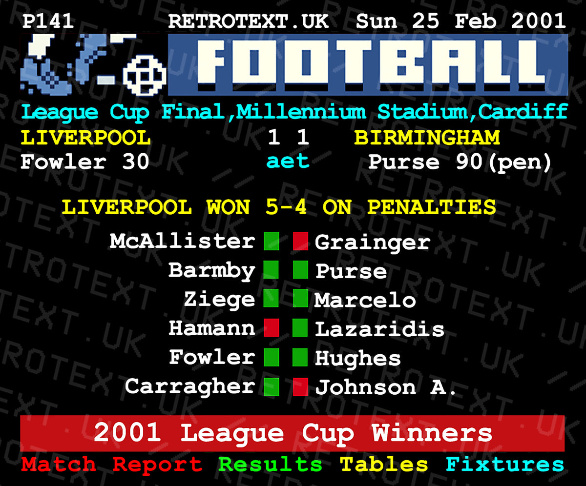 Retrotext Liverpool 2001 League Cup Winners ceramic mug featuring a nostalgic teletext football match report design.