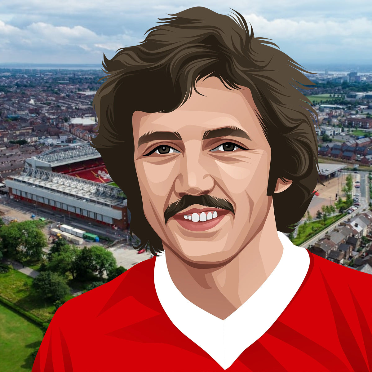 Retrotext Liverpool 1981 European Cup mug featuring a vibrant illustration of Bob Paisley against an Anfield backdrop.