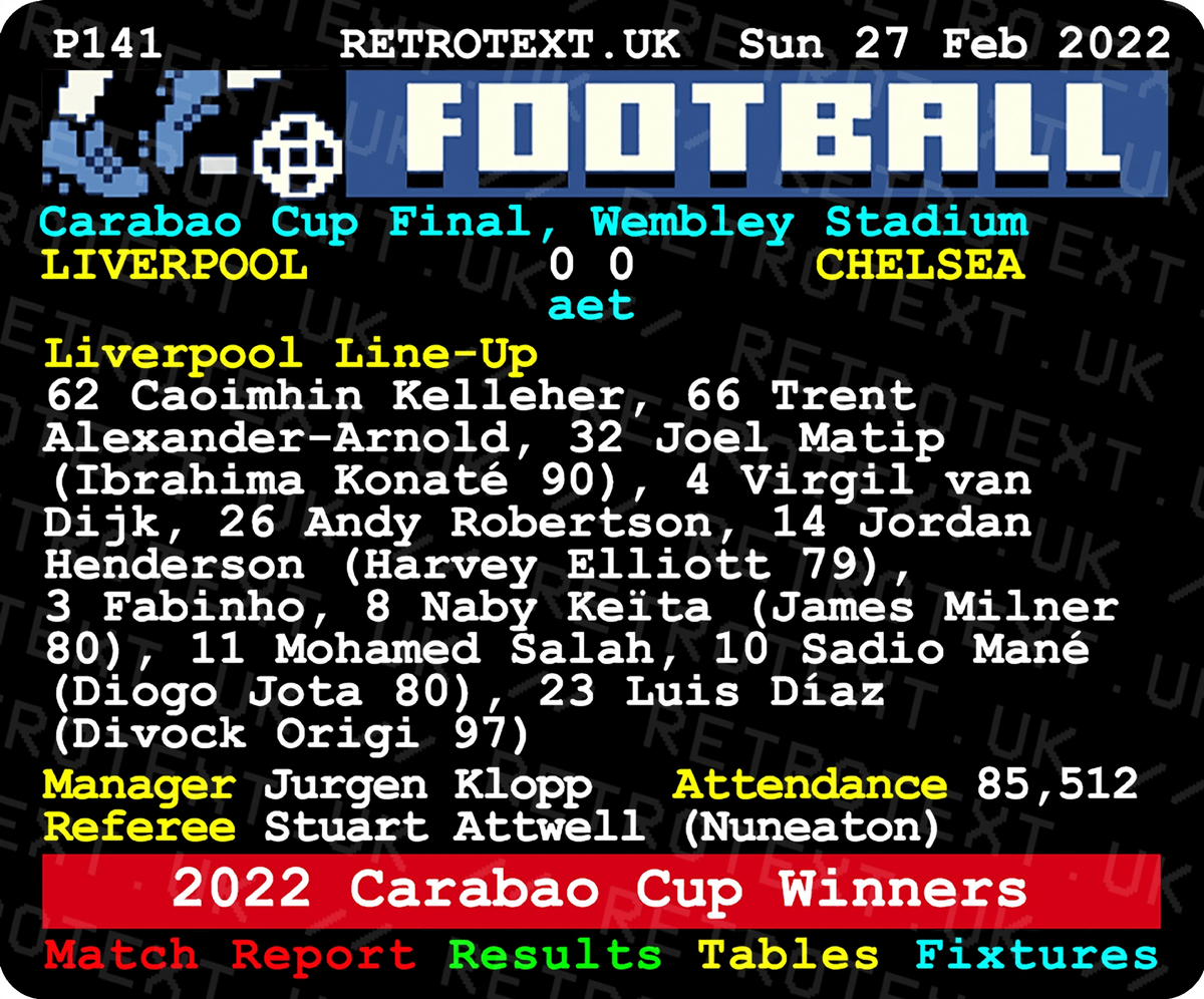 Retrotext Liverpool 2022 Carabao Cup Winners mug featuring a vintage teletext football match report design