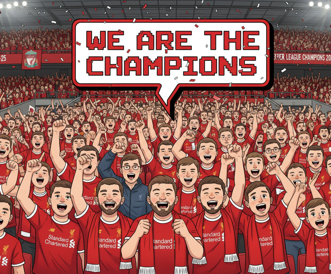 Retrotext Liverpool 2025 Premier League Champions mug featuring an illustrated crowd celebrating with Arne Slot