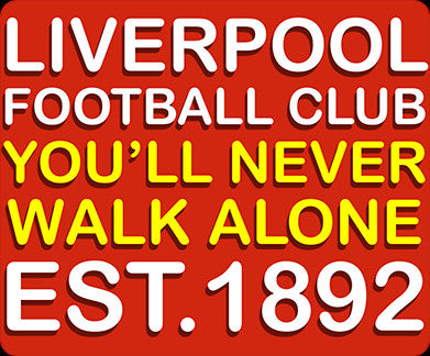 Retrotext Liverpool Football Club You'll Never Walk Alone mug design with white and yellow text on a red background
