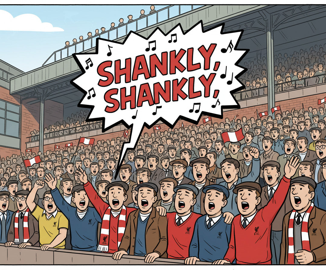 Retrotext Liverpool 1962 Division Two Champions Bill Shankly mug featuring a vibrant comic-style football crowd scene