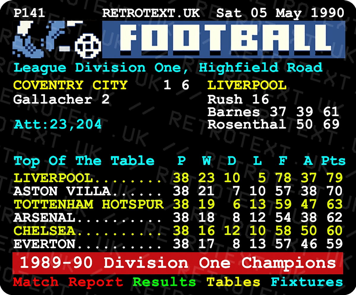 Retrotext Liverpool 1990 Premier League champions teletext design ceramic mug with white glossy finish