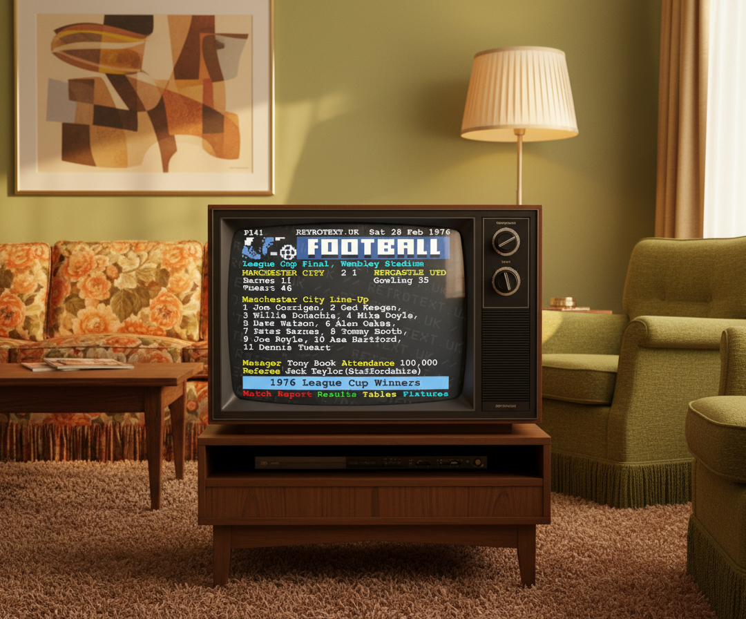 Retrotext Manchester City 1976 League Cup Winners ceramic mug featuring a vintage teletext match report graphic