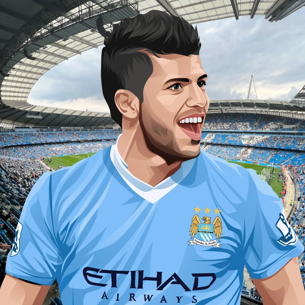 Retrotext Manchester City 2019 Premier League Champions mug featuring an illustration of Sergio Aguero in a blue kit