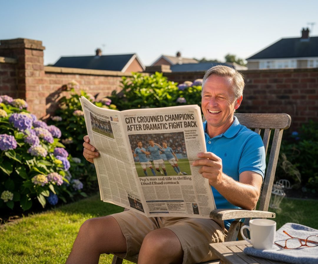 Retrotext Manchester City 2022 Champions mug on a garden table next to a man reading a newspaper.