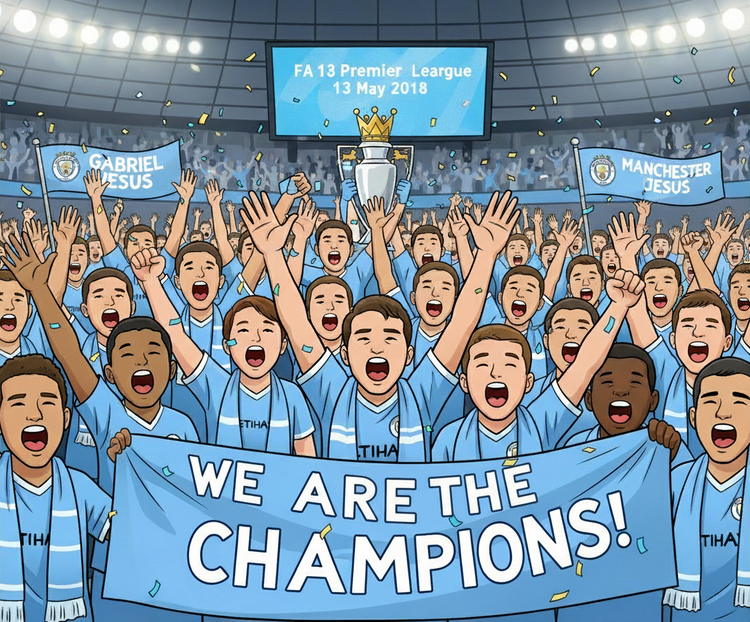 Retrotext Manchester City 2018 Premier League Champions mug featuring an illustrated crowd celebrating the title win