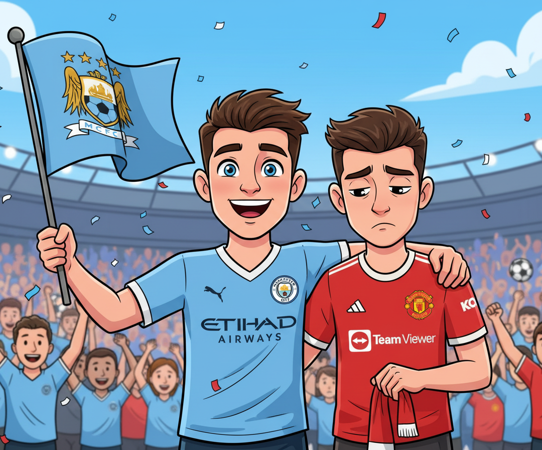 Retrotext illustration of a happy Manchester City fan cheering with a flag beside a sad Manchester United fan