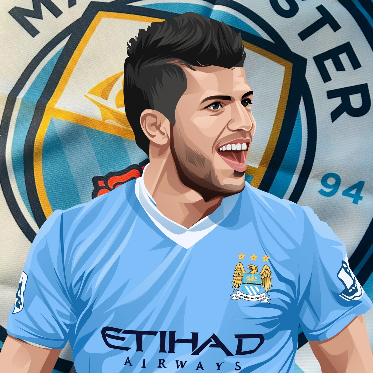 Retrotext Manchester City mug featuring a vibrant illustration of a player in a light blue kit against the club crest.